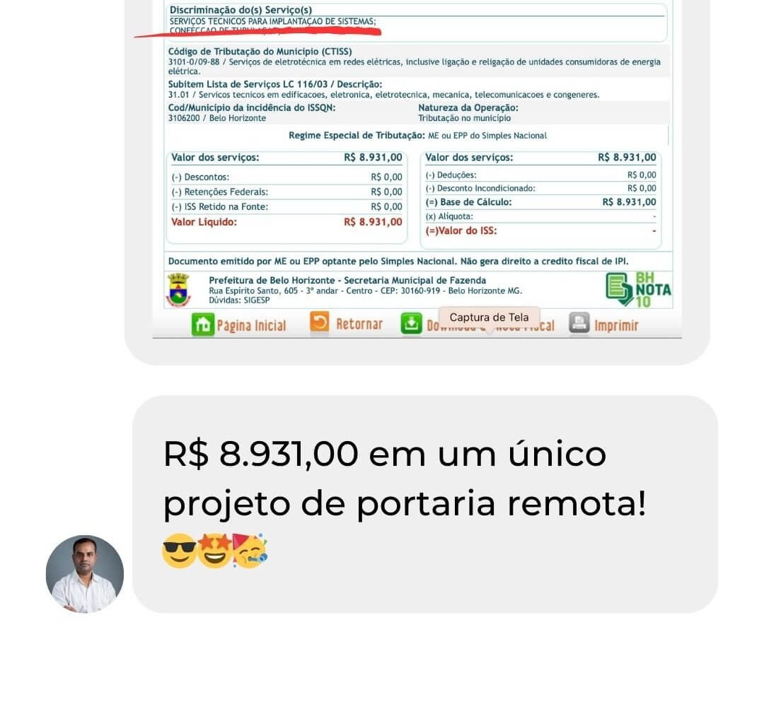 Nota fiscal de projeto de portaria remota no valor de 8.931 reais