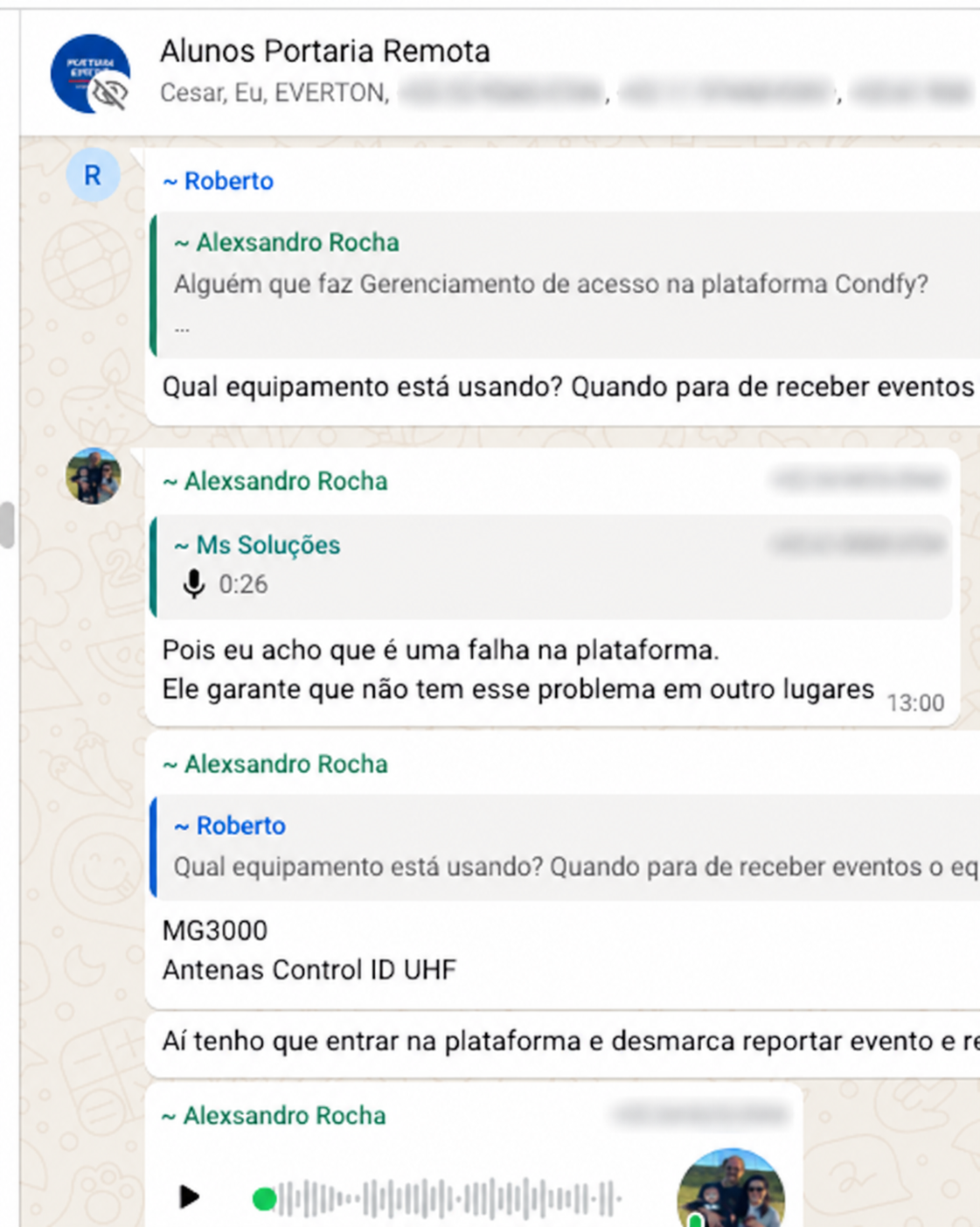 Grupo de suporte com troca de dúvidas entre técnicos