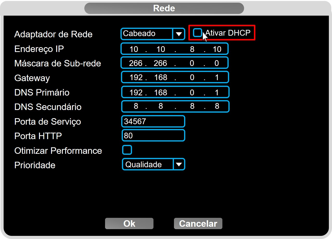 Tela de configuração de rede